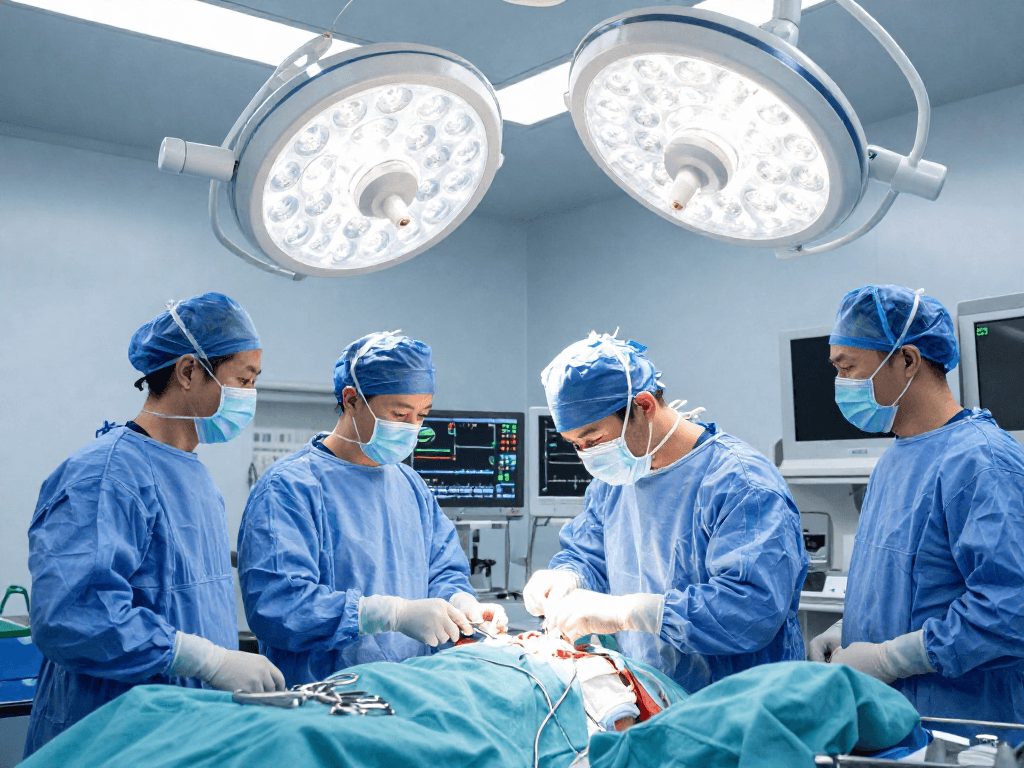 Bel kayması ameliyatı being performed by Dr. Caner Sarıkaya in a modern surgical room.