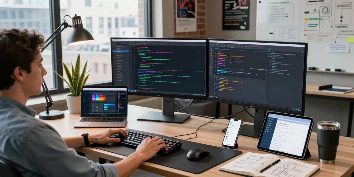 在clash官网上,开发者在现代工作空间中编写代码,展示技术特性与使用场景