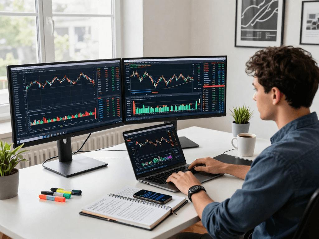 使用TradingView分析金融市场的专业交易员,旁边有实时提醒和市场笔记。