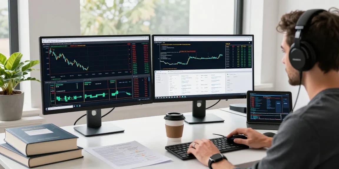 Forex trader utilizing mt4 on dual monitors in a modern office setting with trading tools and charts.