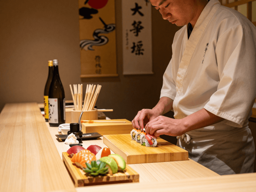 rokok88 sushi chef crafting vibrant rolls in a cozy restaurant