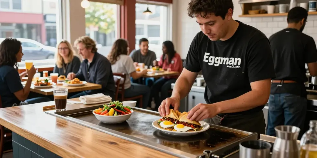 Best breakfast Austin scene showing energized staff preparing delicious breakfast sandwiches.