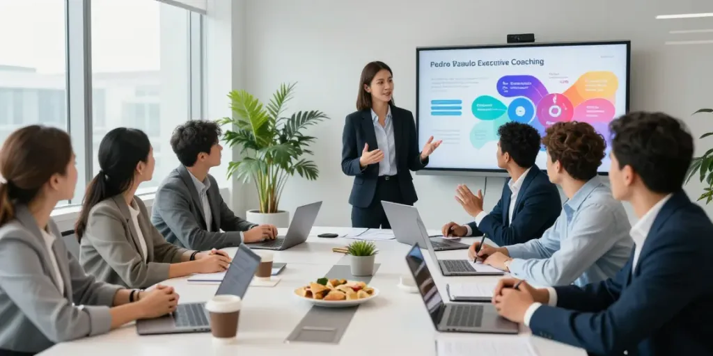 Engaged professionals in a PedroVazPaulo Executive Coaching session focused on leadership development and collaboration.
