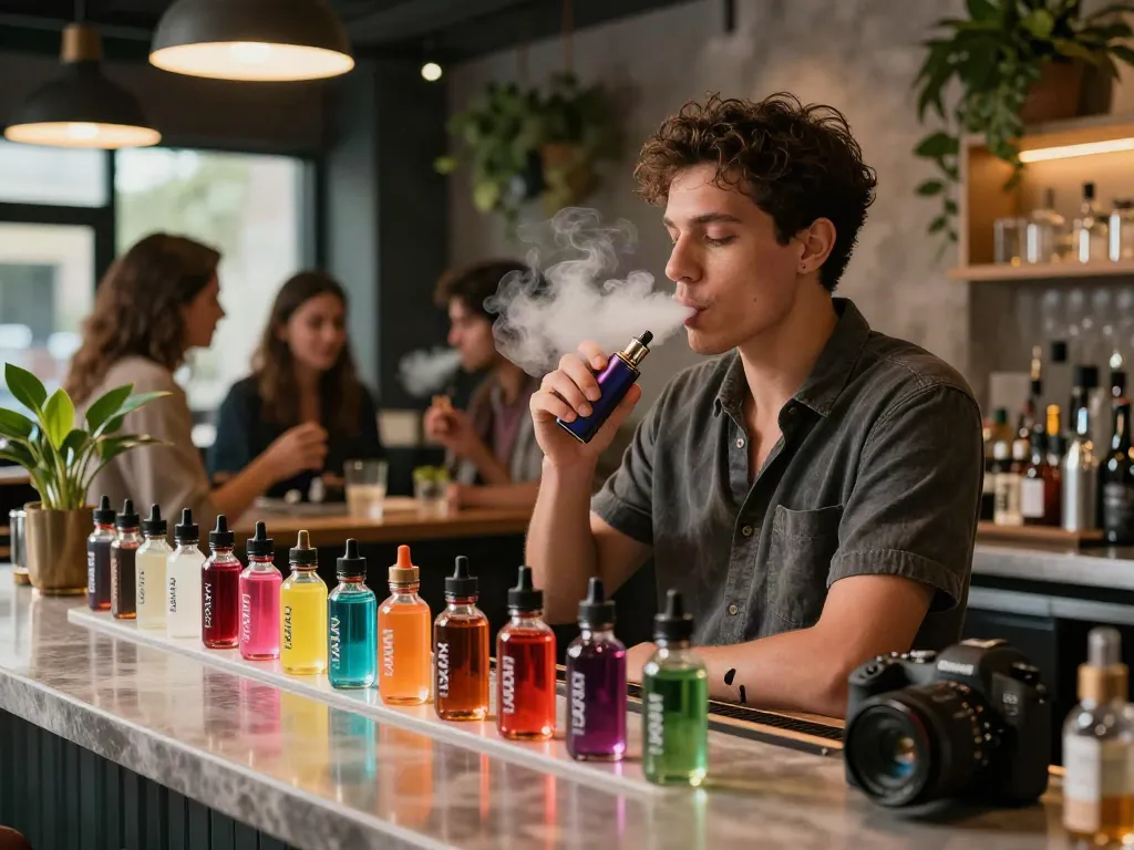 Nomenon e liquid 100ml showcased in a stylish vaping lounge with a person enjoying a vape.