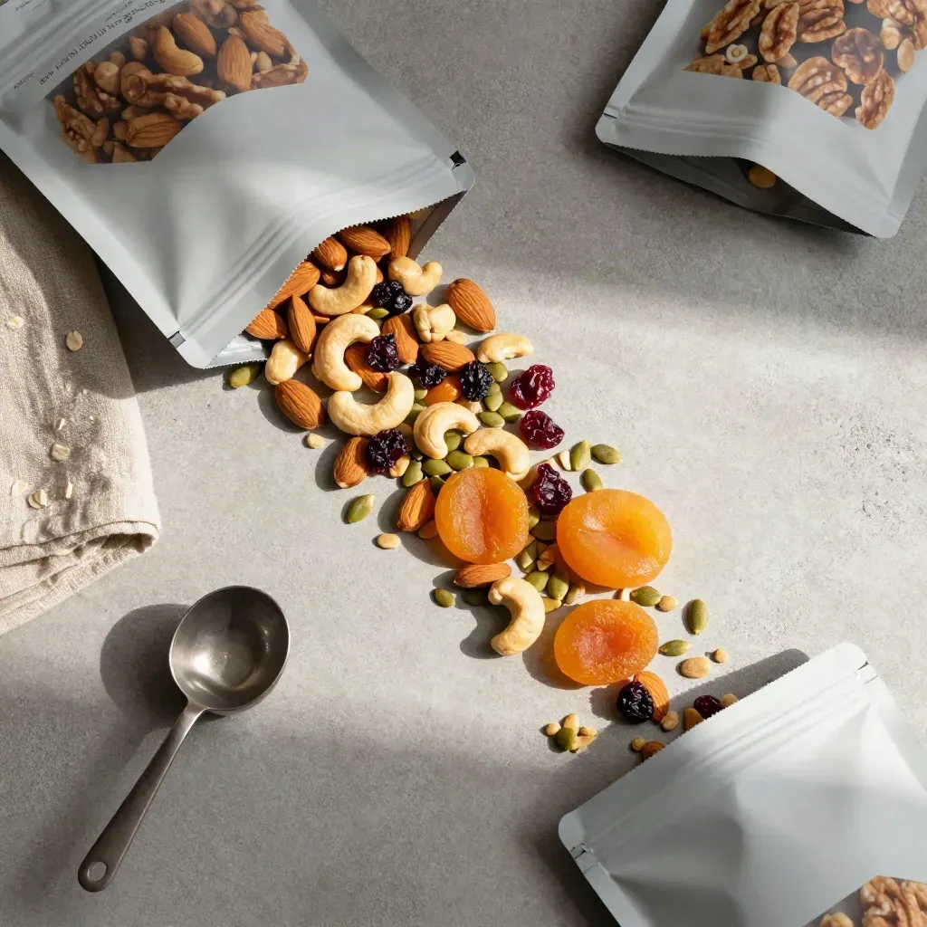 Overhead trail mix pouches bursting with nuts and dried fruit on linen and pale concrete.