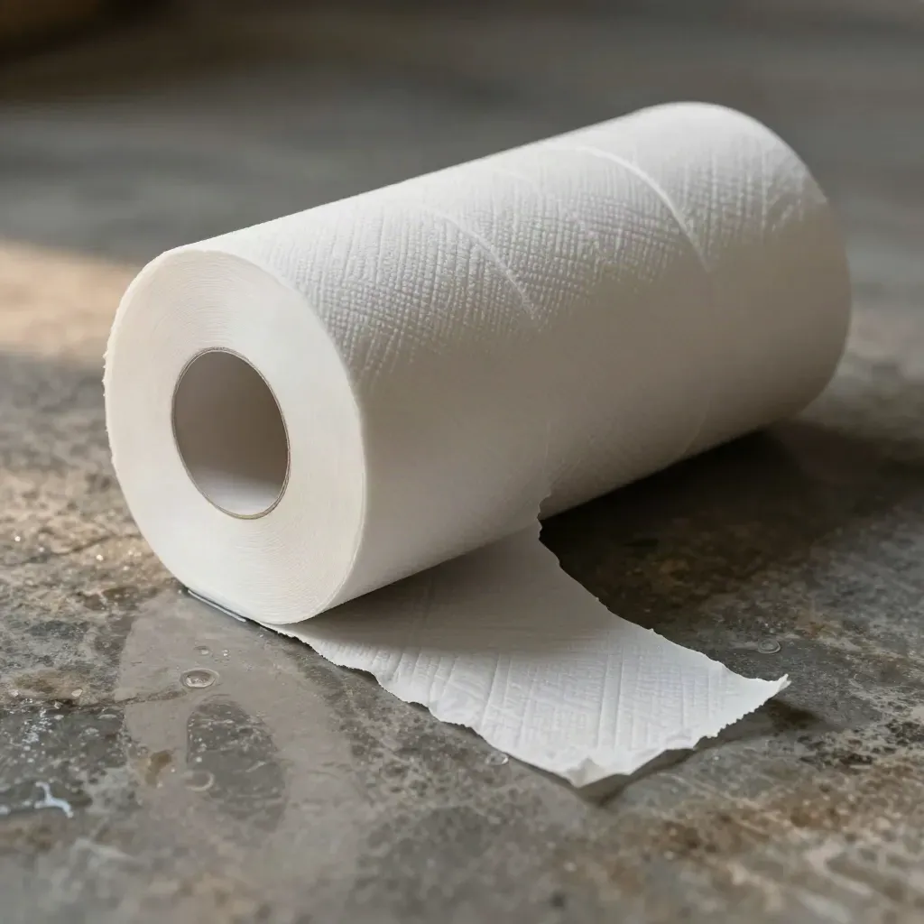 Paper towel pack sliding through water on wet stone with a loose roll and torn sheet