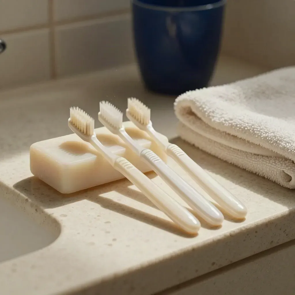 Four toothbrushes beside soap and a folded towel on a travertine bath ledge in side light.