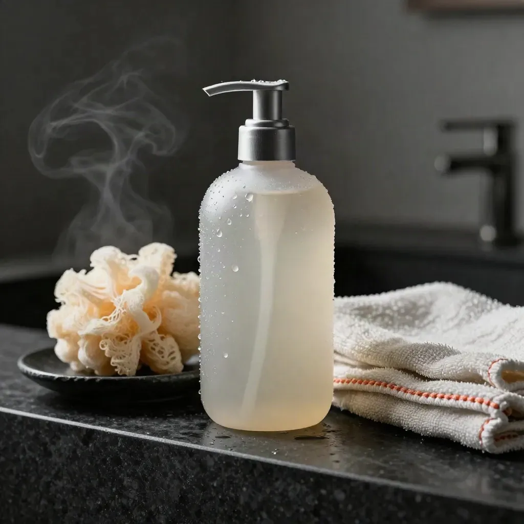 Body wash bottle with loofah, stone dish, and wet washcloth in dramatic studio light