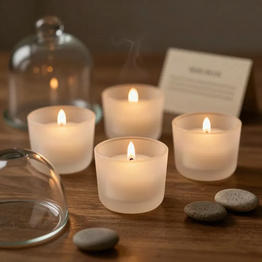 Glowing LED tea lights in frosted cups under a glass cloche on a walnut tray.