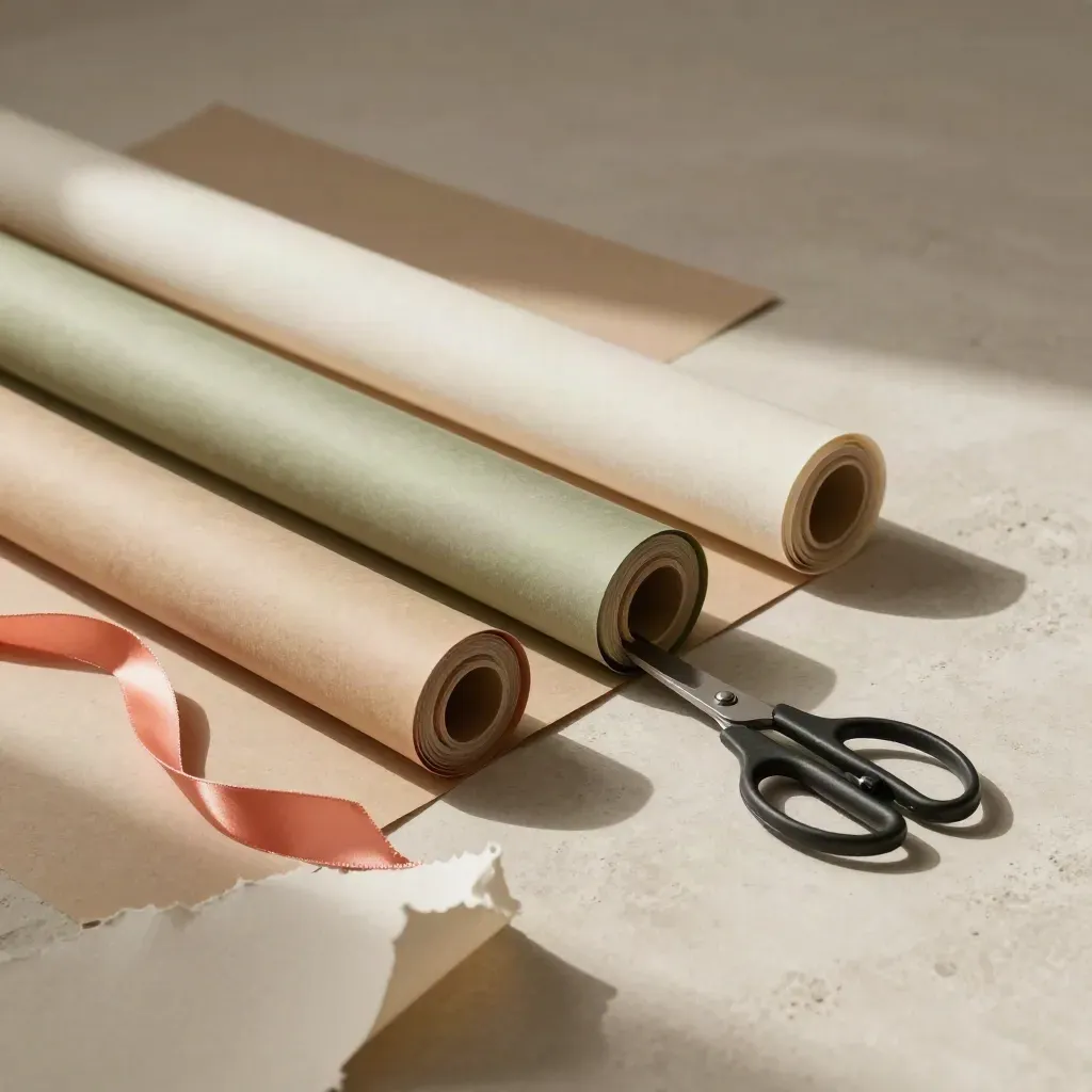 Gift wrap rolls, ribbon spools and matte scissors sweeping across a plaster floor.