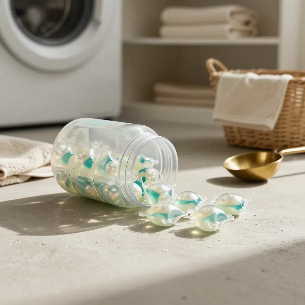 Clear pod detergent canister on pale concrete with scattered capsules, towel, brass scoop, and soft laundry room blur.
