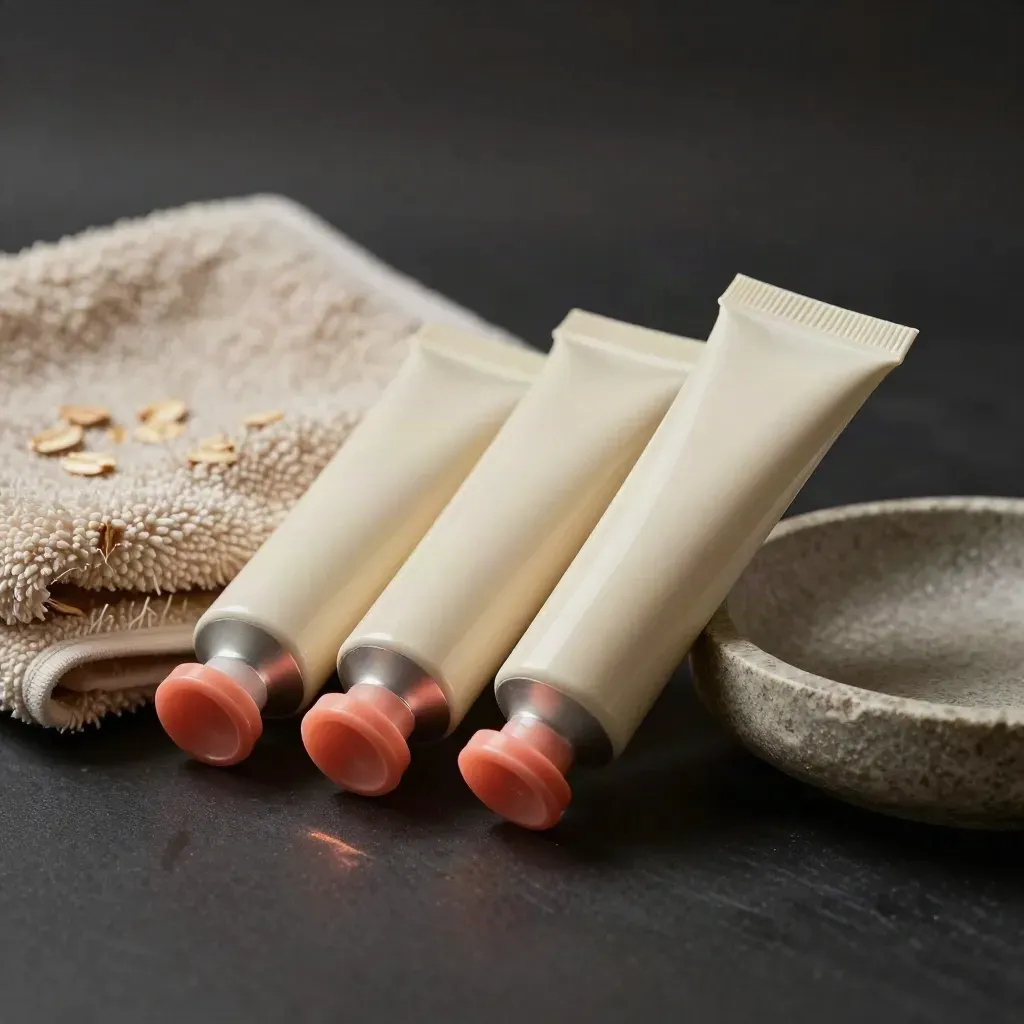 Three hand cream tubes beside a folded towel and stone dish in dramatic studio light.