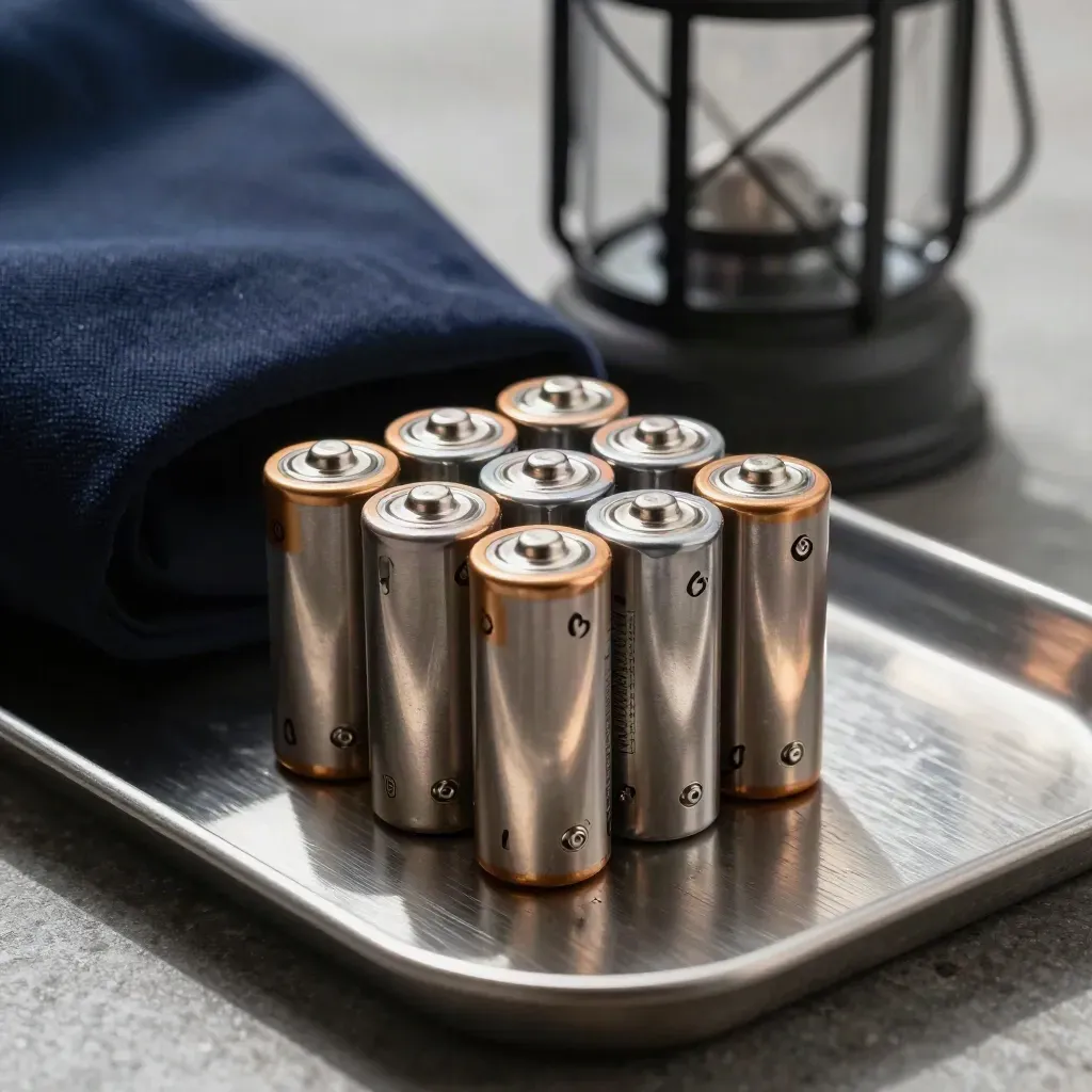 Close-up of AA batteries, a compact lantern, and a brushed metal tray with cool metallic shine.