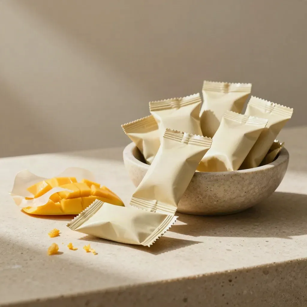 Mango snack packs spilling from a bowl with sliced mango and parchment on a warm stone counter.