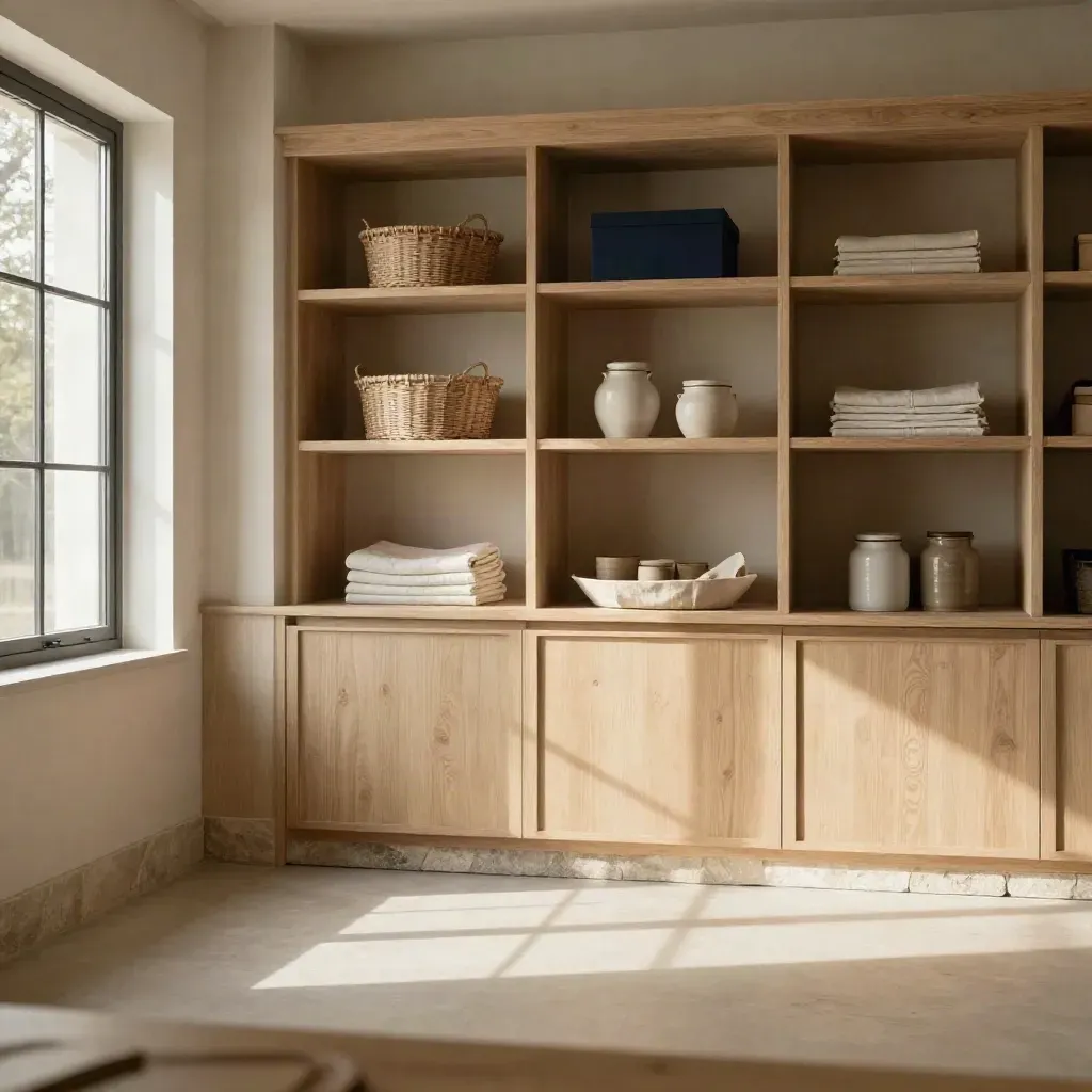 Sunlit built-in shelves with baskets and folded towels above a calm room corner