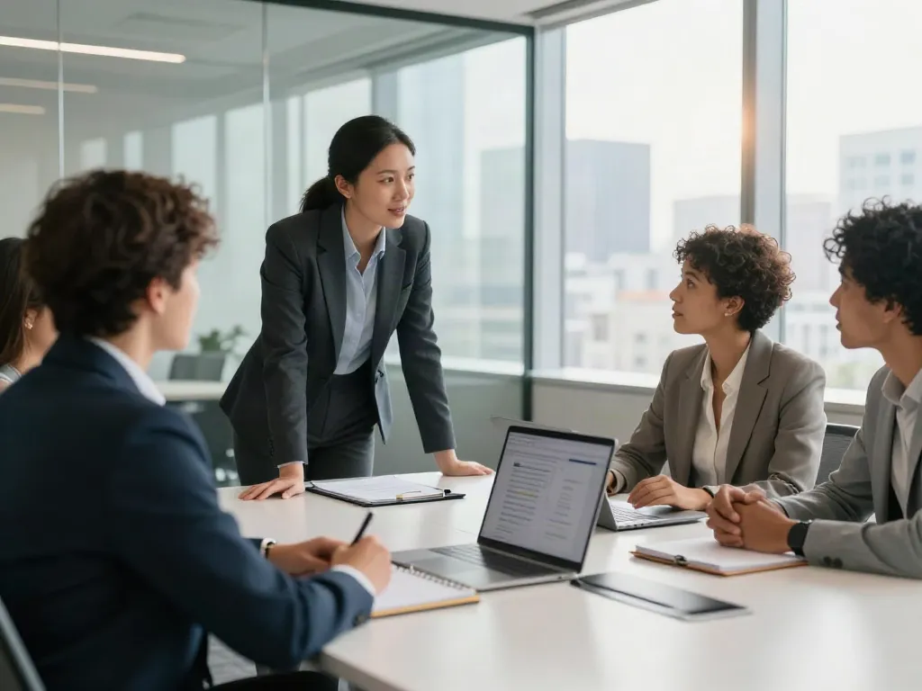 Engaging session of PedroVazPaulo Executive Coaching between a coach and executive in a modern office setting.