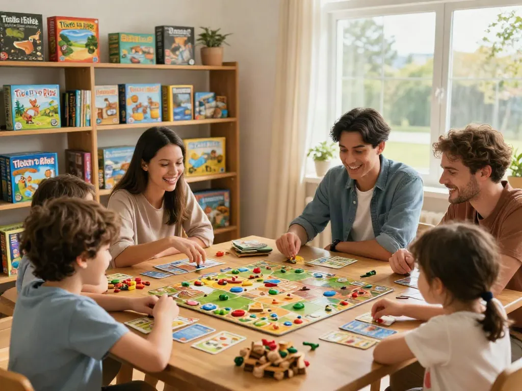 Sildenafil board games scene with family enjoying games together, showcasing popular titles and vibrant atmosphere.